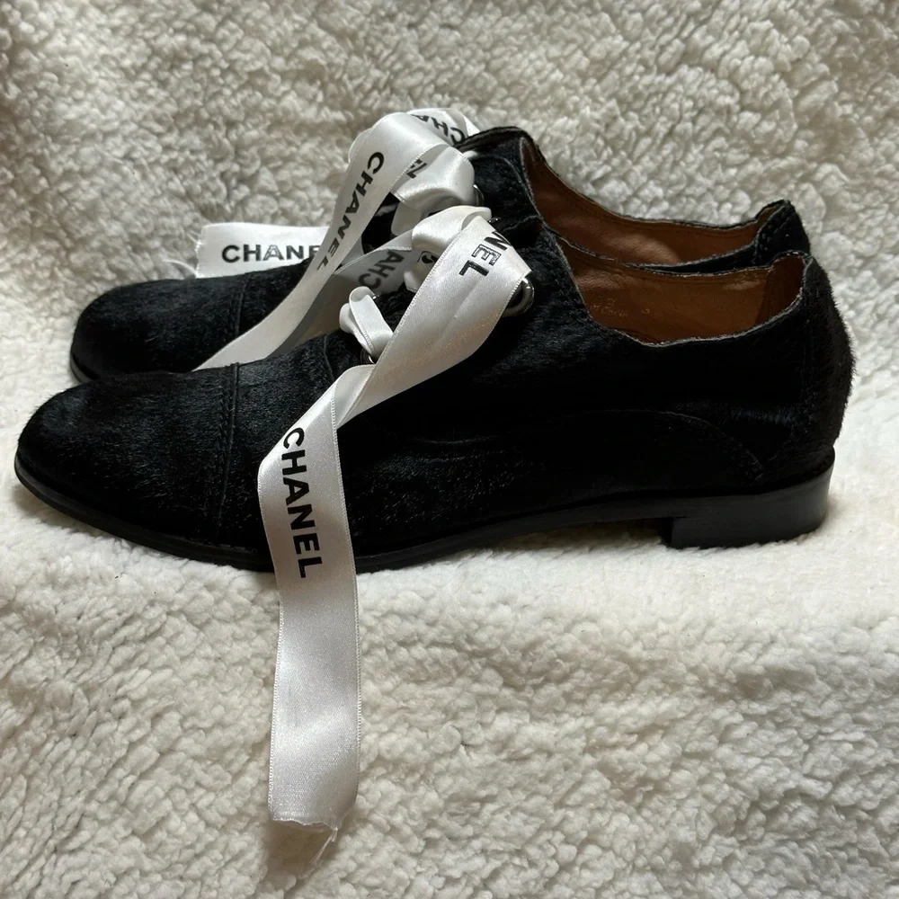 All Black Brand Cowman Lace Up Oxfords Shoes Sz39 w/Authenticate CHANEL Ribbons - Picture 2 of 9
